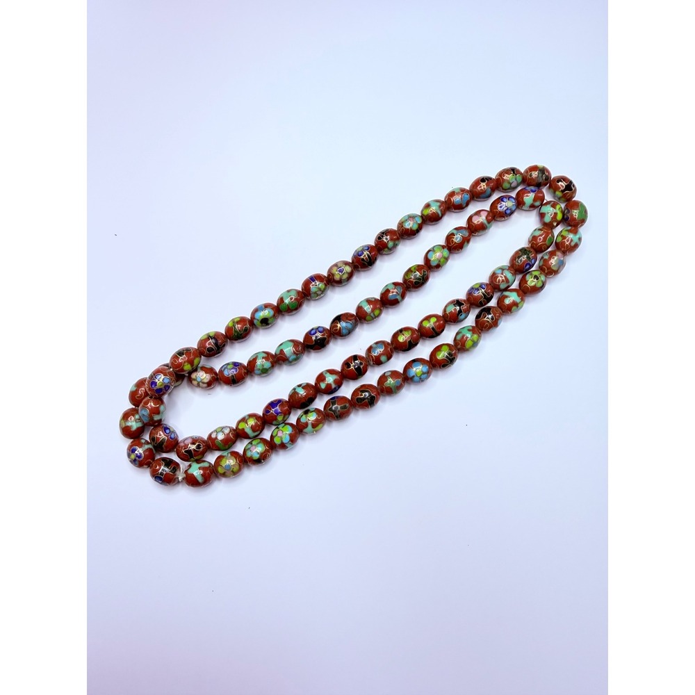 Vintage Cloisonné Floral Bead Necklace – Colorful Enamel Beads 30"
